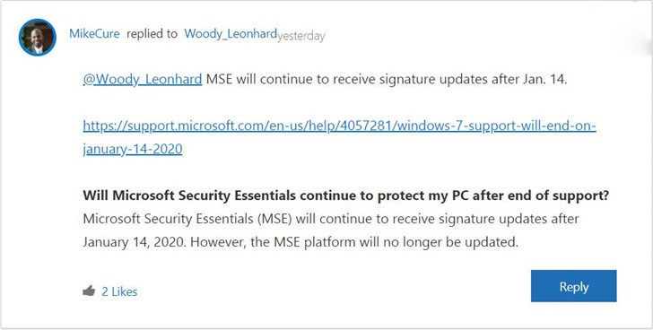 微软：仍将为MSE杀毒软件提供支持